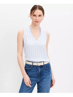 LOFT Striped Ruffle V-neck Mixed Media Shell